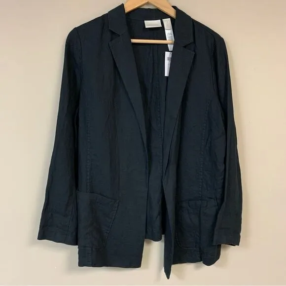🆕 NEW CHICO'S Linen Blazer Women's Medium Black Summer Jacket Lightweight Beach