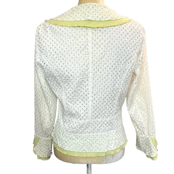 5 for $25! Nabi White Lime Green Ruffle Eyelet Blazer Jacket Size S
