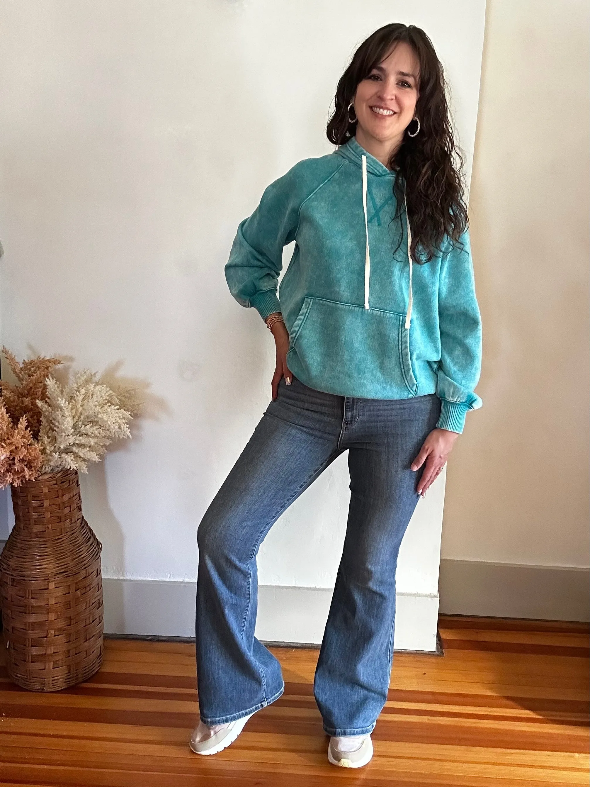 Acid Wash Fleece Hoodie with Pockets | Light Teal