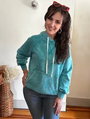 Acid Wash Fleece Hoodie with Pockets | Light Teal