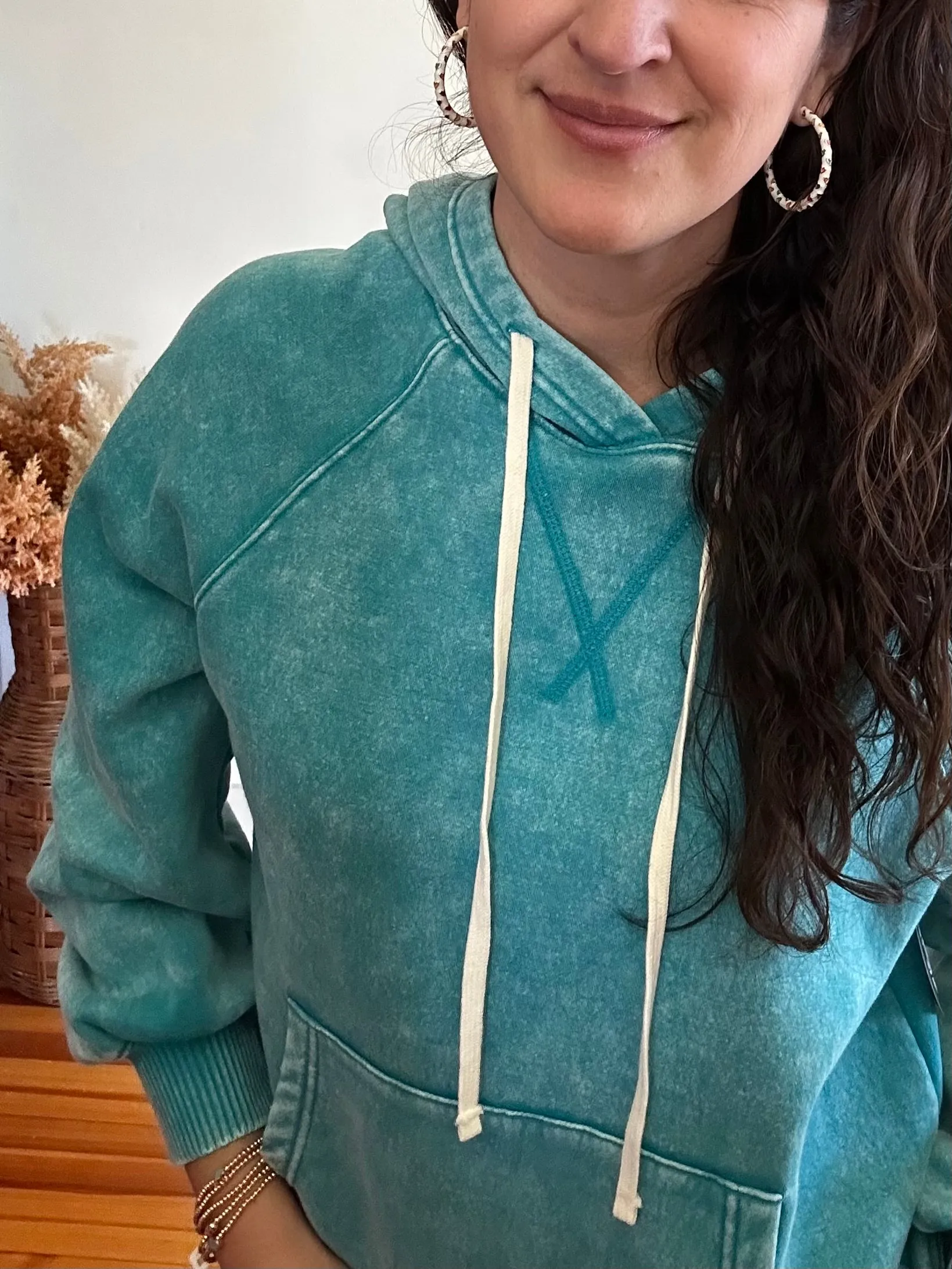 Acid Wash Fleece Hoodie with Pockets | Light Teal