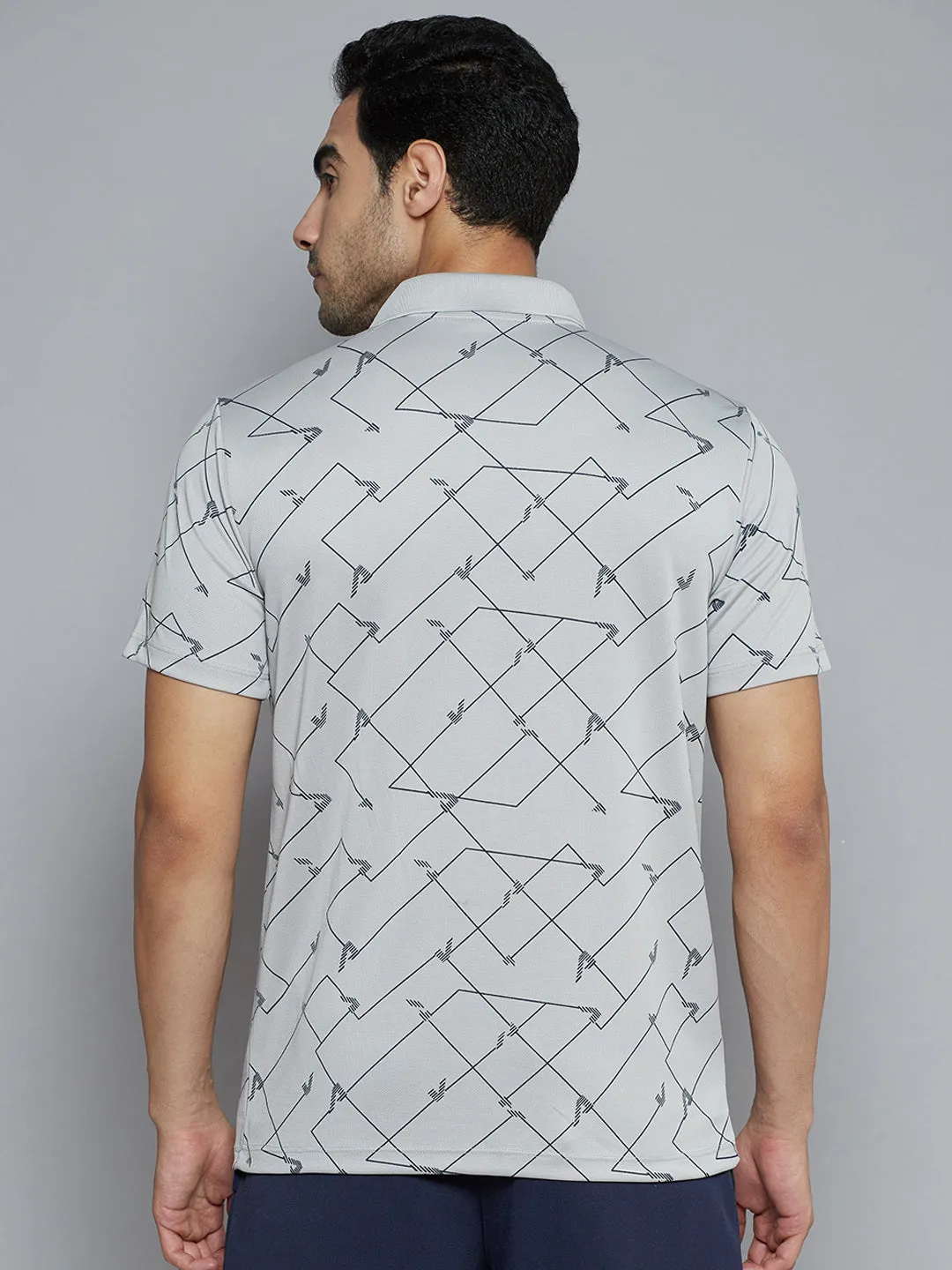 Alcis Men Grey Abstract Print Polo Collar Slim Fit T-shirt
