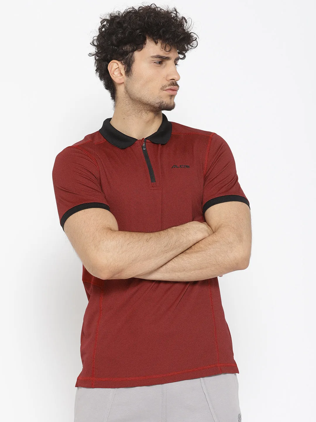 Alcis Men Maroon Self Design Polo Collar T-shirt