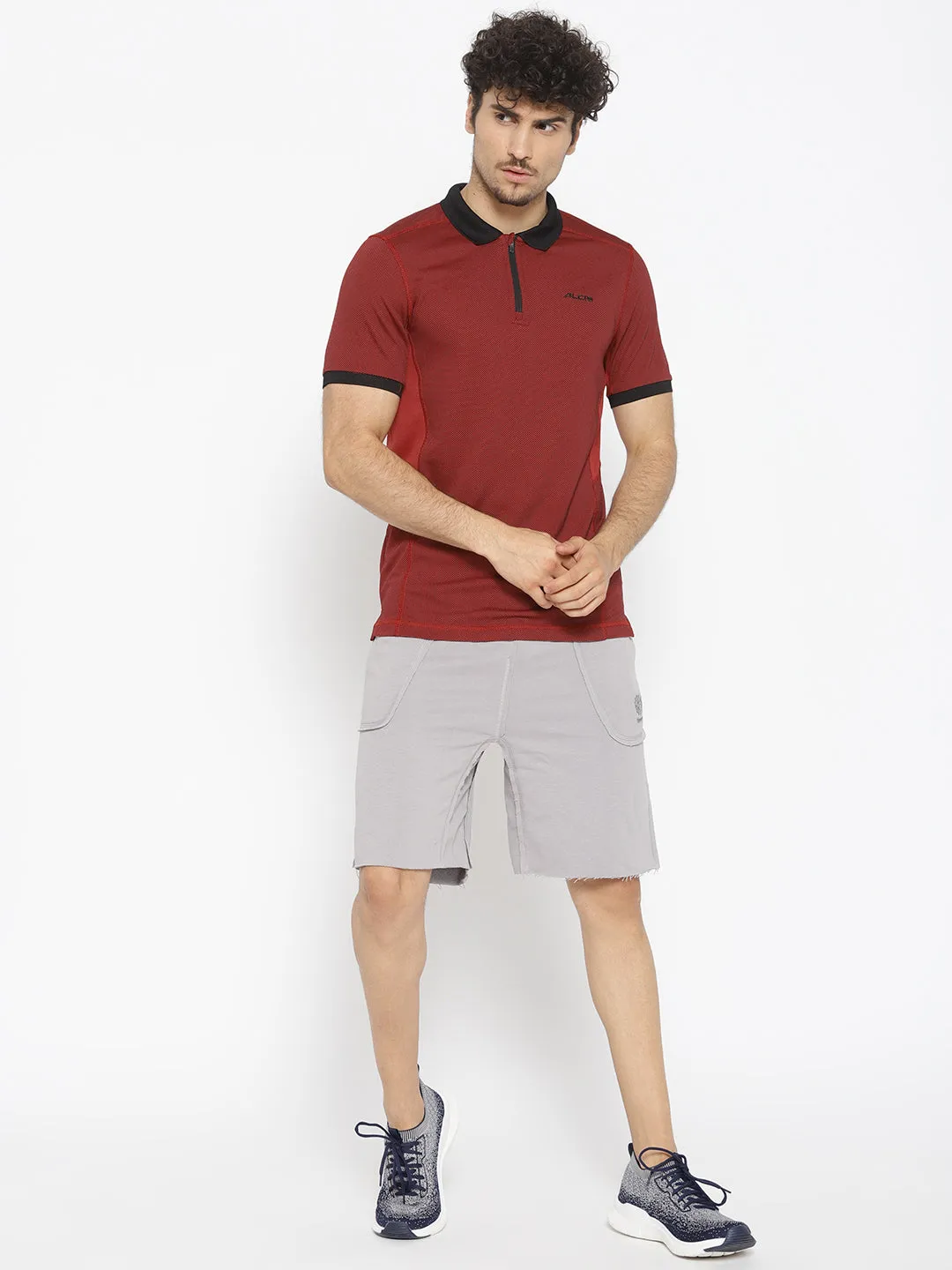 Alcis Men Maroon Self Design Polo Collar T-shirt