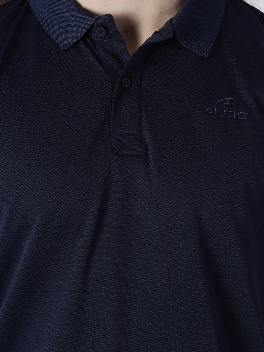 Alcis Men Navy Blue Solid Polo Collar Slim Fit T-shirt