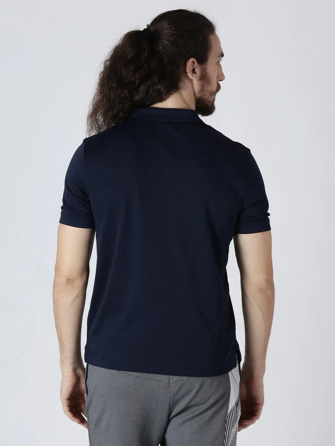 Alcis Men Navy Blue Solid Polo Collar Slim Fit T-shirt