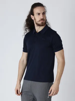 Alcis Men Navy Blue Solid Polo Collar Slim Fit T-shirt