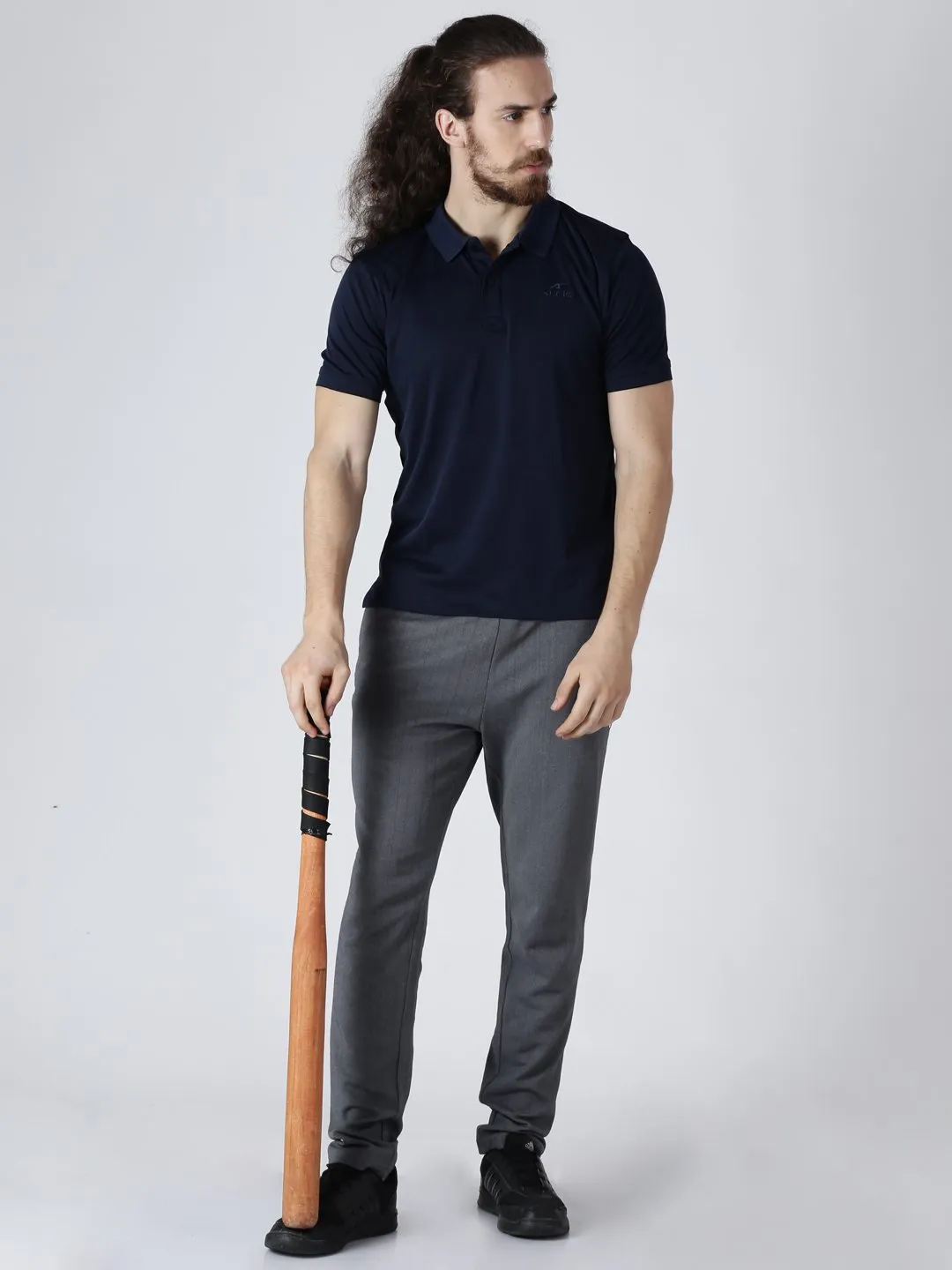 Alcis Men Navy Blue Solid Polo Collar Slim Fit T-shirt