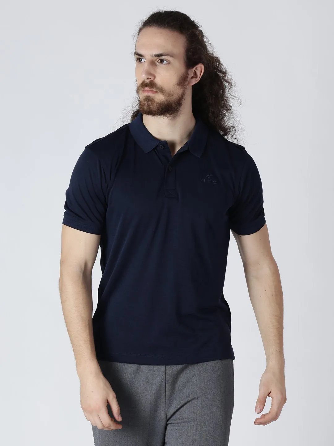 Alcis Men Navy Blue Solid Polo Collar Slim Fit T-shirt