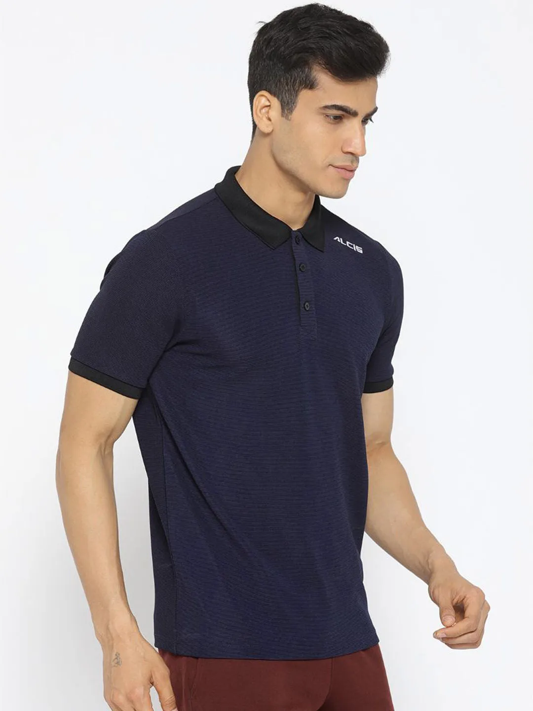 Alcis Men Navy Blue Solid Polo Collar T-shirt