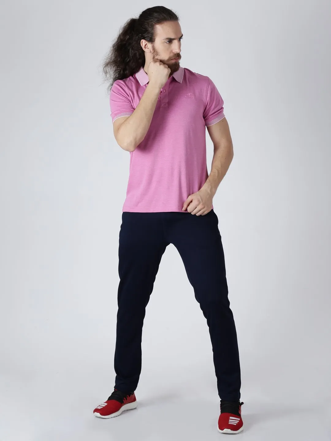 Alcis Men Pink Solid Polo Collar Slim Fit T-shirt