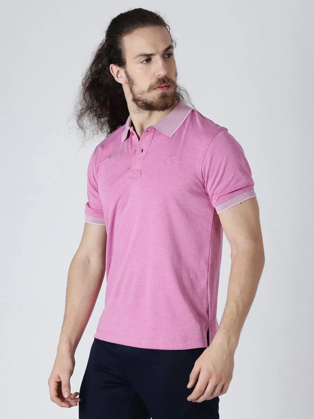 Alcis Men Pink Solid Polo Collar Slim Fit T-shirt