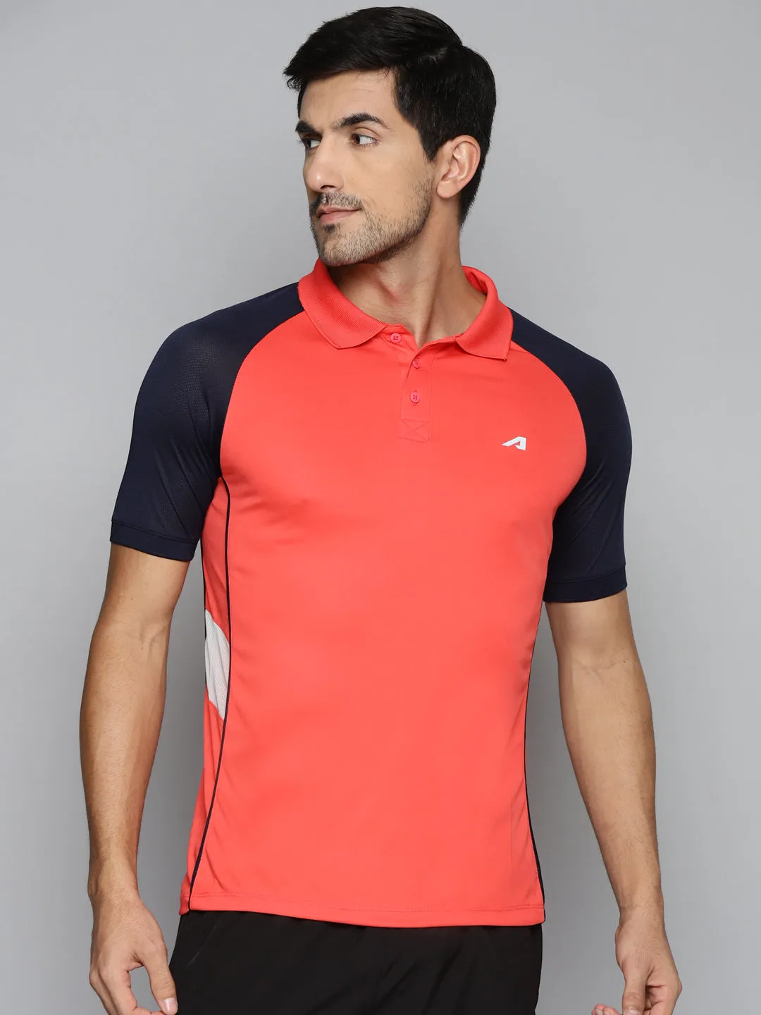 ALCIS Men Red & Navy Blue Colourblocked Polo Collar Slim Fit Running T-shirt