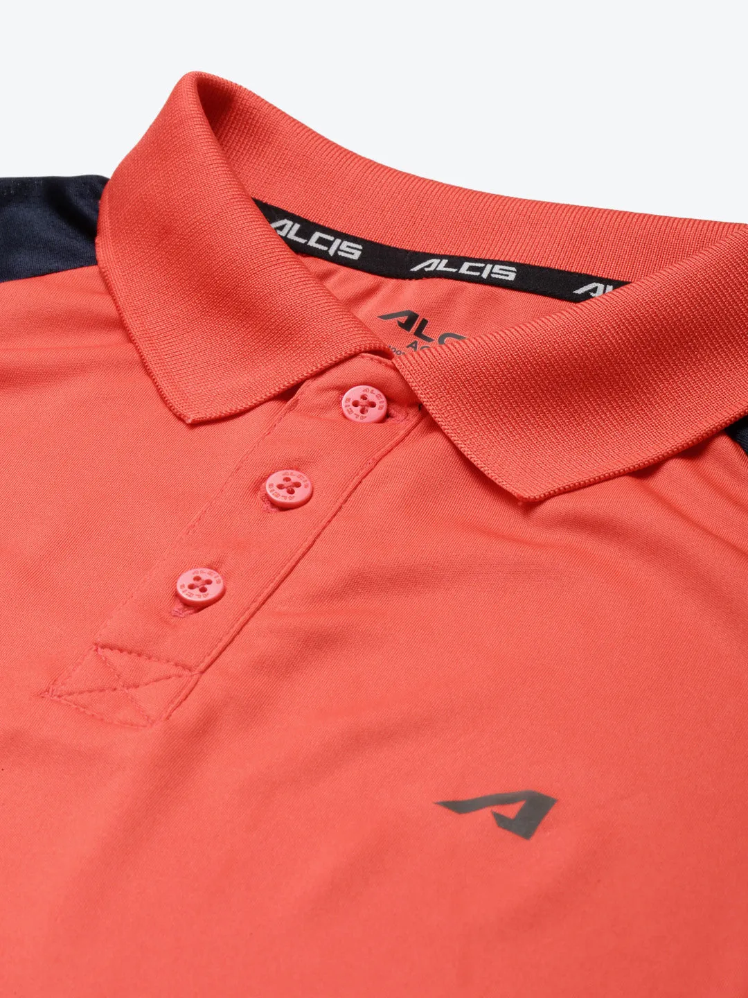 ALCIS Men Red & Navy Blue Colourblocked Polo Collar Slim Fit Running T-shirt