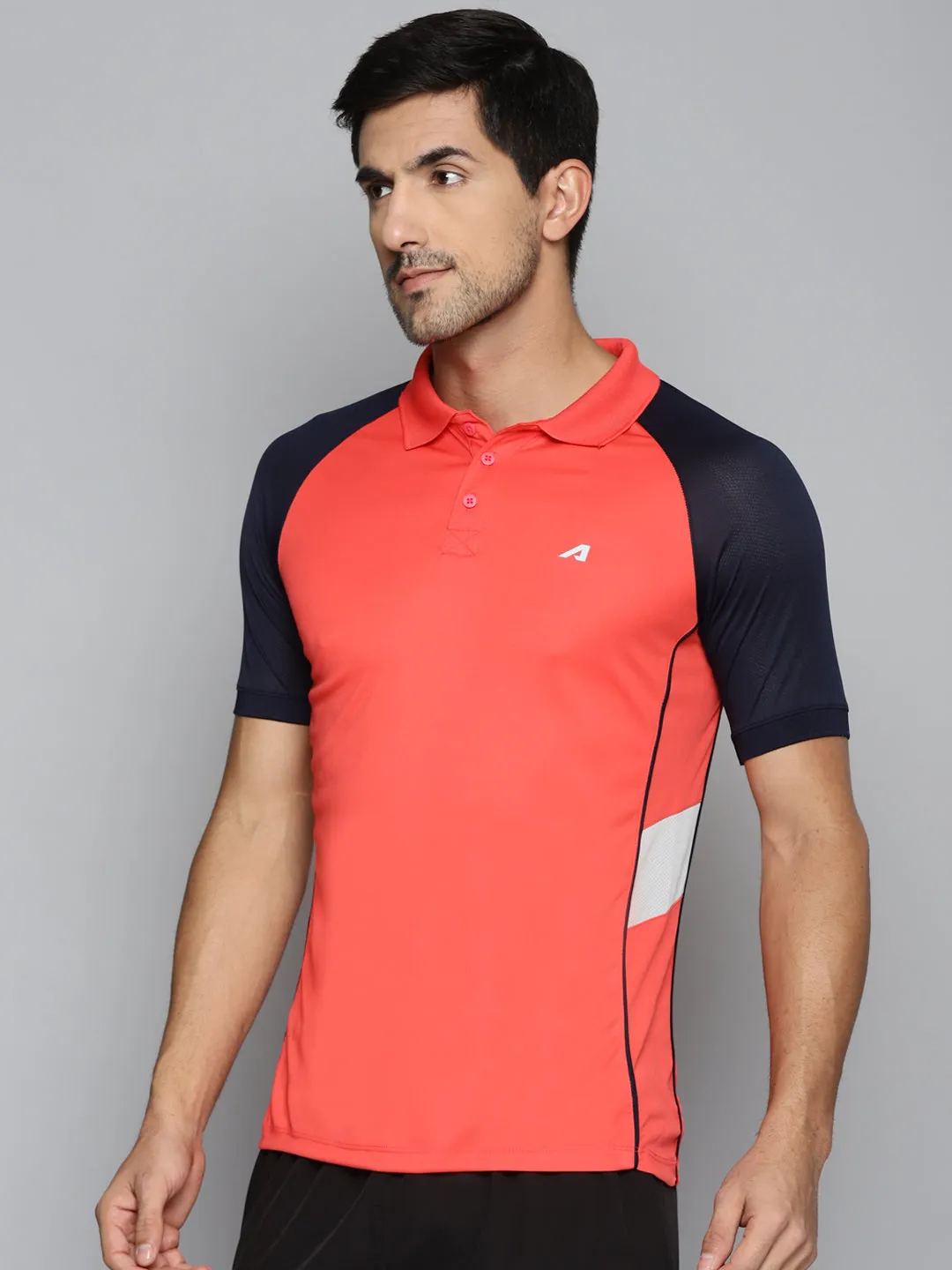 ALCIS Men Red & Navy Blue Colourblocked Polo Collar Slim Fit Running T-shirt