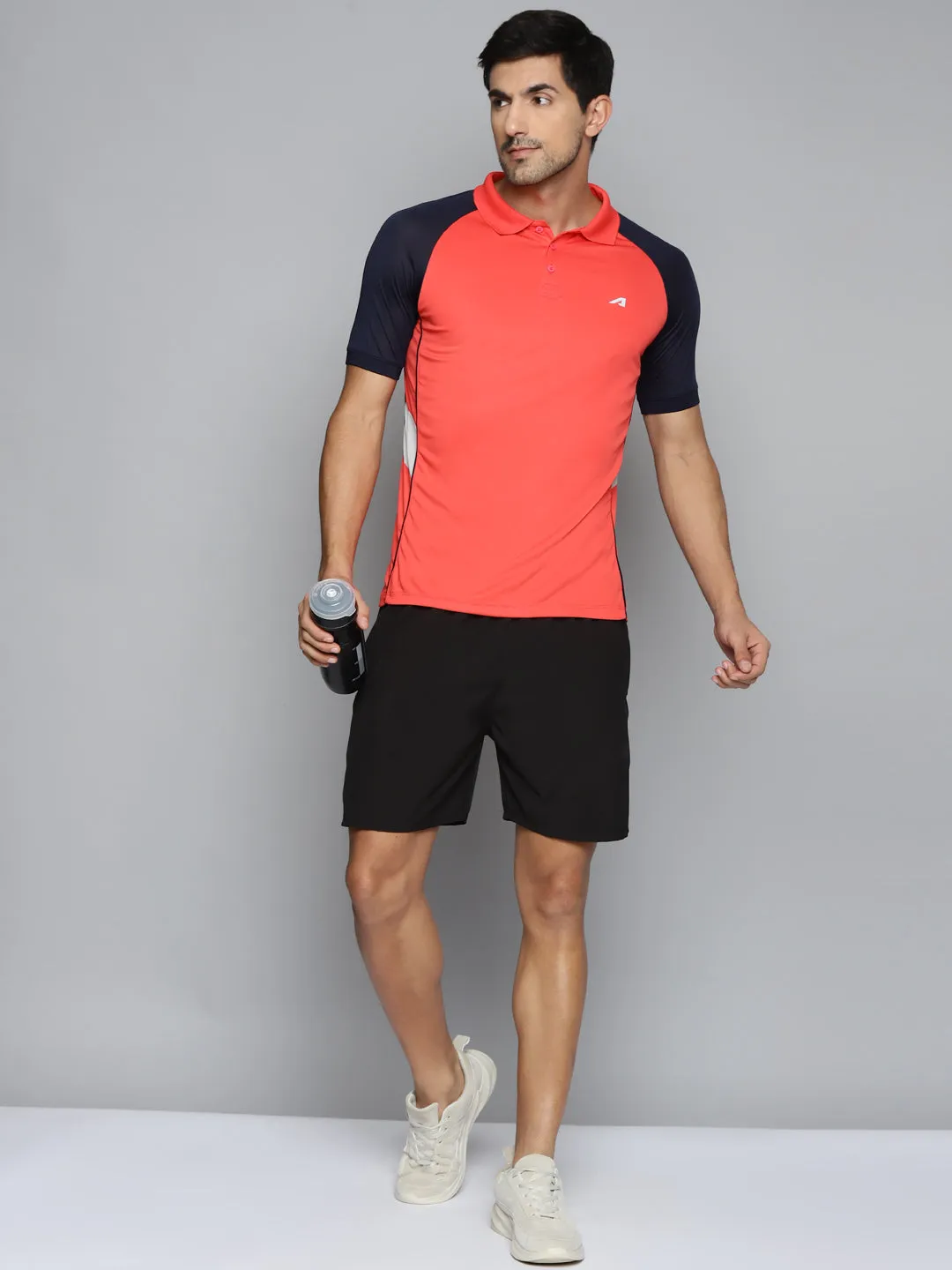 ALCIS Men Red & Navy Blue Colourblocked Polo Collar Slim Fit Running T-shirt