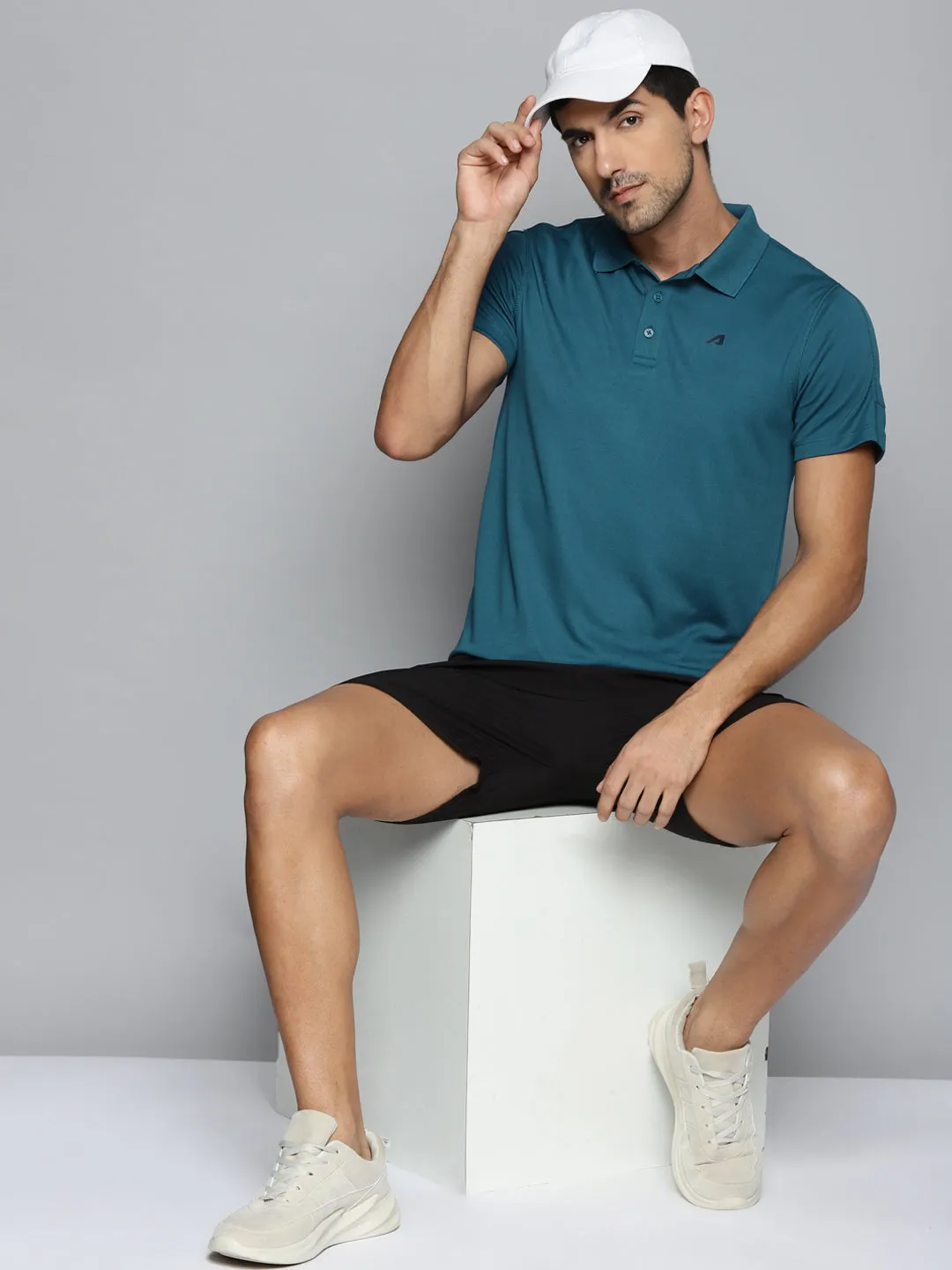 ALCIS Men Teal Blue Polo Collar Slim Fit Running T-shirt