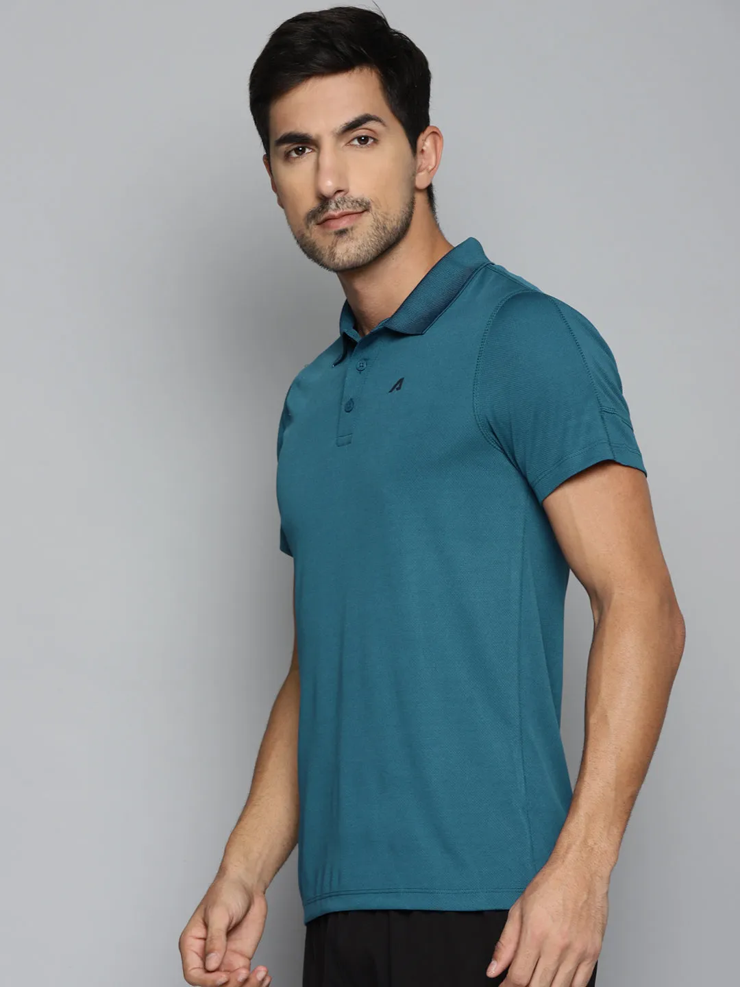 ALCIS Men Teal Blue Polo Collar Slim Fit Running T-shirt