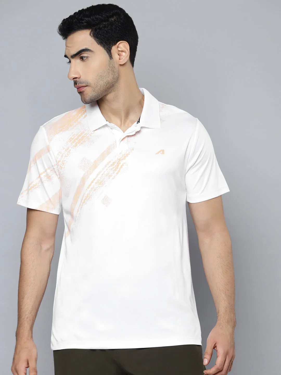 Alcis Men White Beige Printed Polo Collar Slim Fit T-shirt