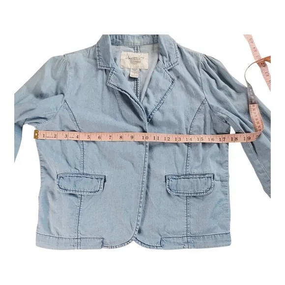 American Rag Cie Chambray Cotton Casual Blue Blazer Jacket Flap Pockets Size S