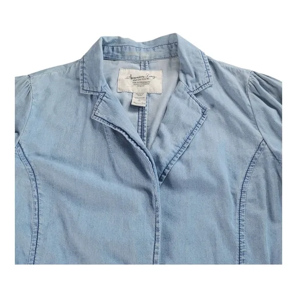 American Rag Cie Chambray Cotton Casual Blue Blazer Jacket Flap Pockets Size S