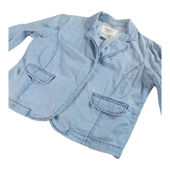American Rag Cie Chambray Cotton Casual Blue Blazer Jacket Flap Pockets Size S