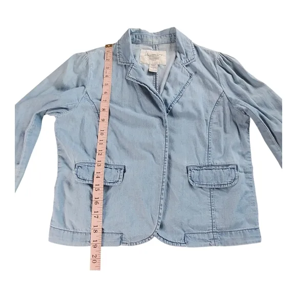 American Rag Cie Chambray Cotton Casual Blue Blazer Jacket Flap Pockets Size S