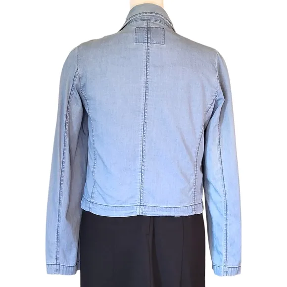 American Rag Cie Chambray Cotton Casual Blue Blazer Jacket Flap Pockets Size S