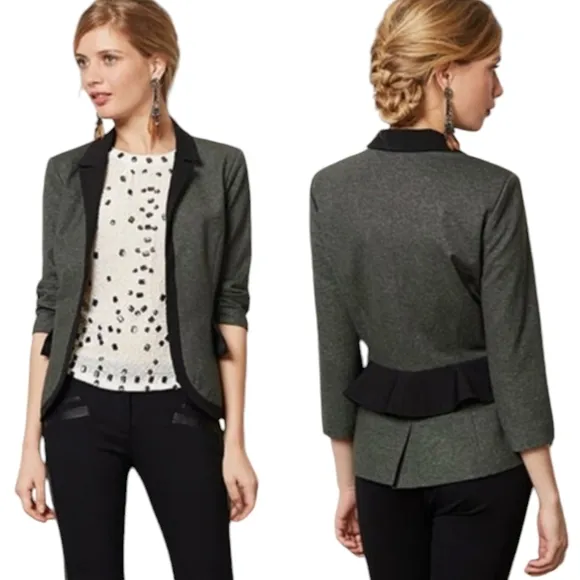Anthropologie Cartonnier Gray Peplum Blazer Fitted W Black Trim, Size 4 Office