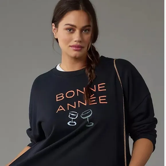 ANTHROPOLOGIE PHTHALO RUTH MAEVE BLUE CREW BONNE ANNEE CROP SWEATSHIRT XS