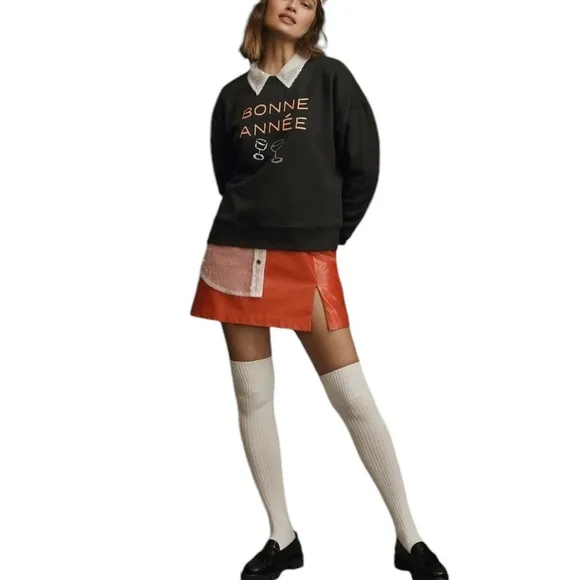 ANTHROPOLOGIE PHTHALO RUTH MAEVE BLUE CREW BONNE ANNEE CROP SWEATSHIRT XS