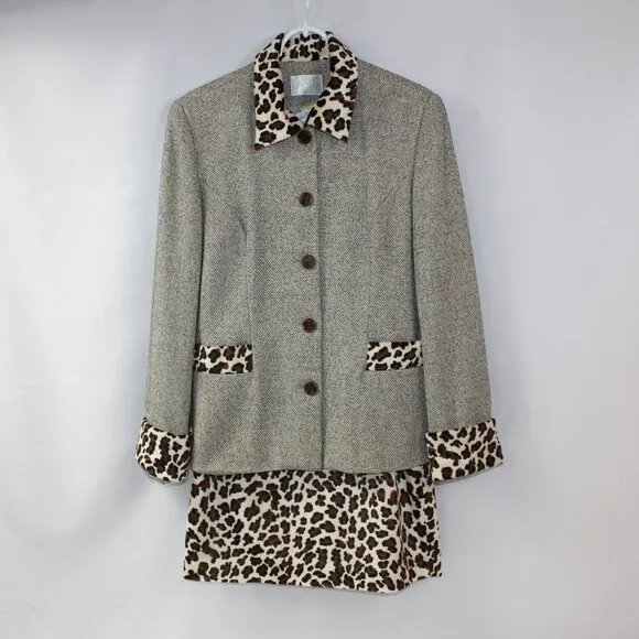 Apart Vintage Blazer &amp; Skirt Suit‎ Tan Tweed &amp; Leopard Print Size 10