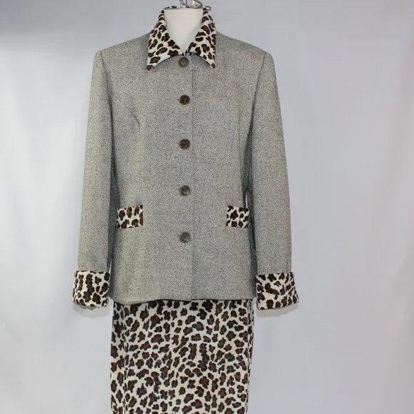 Apart Vintage Blazer &amp; Skirt Suit‎ Tan Tweed &amp; Leopard Print Size 10