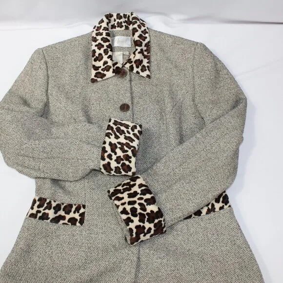 Apart Vintage Blazer &amp; Skirt Suit‎ Tan Tweed &amp; Leopard Print Size 10