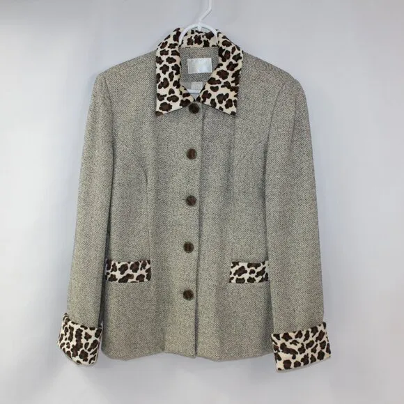 Apart Vintage Blazer &amp; Skirt Suit‎ Tan Tweed &amp; Leopard Print Size 10