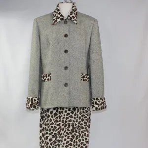 Apart Vintage Blazer &amp; Skirt Suit‎ Tan Tweed &amp; Leopard Print Size 10