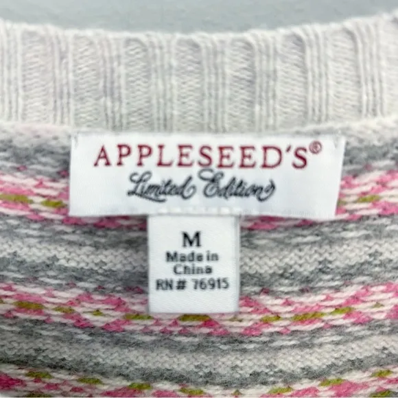 Appleseeds Fair Isle Knit Floral Pattern Sweater Gray Pink Size Medium