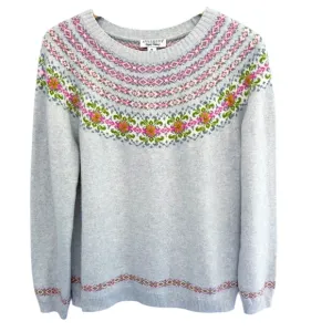 Appleseeds Fair Isle Knit Floral Pattern Sweater Gray Pink Size Medium