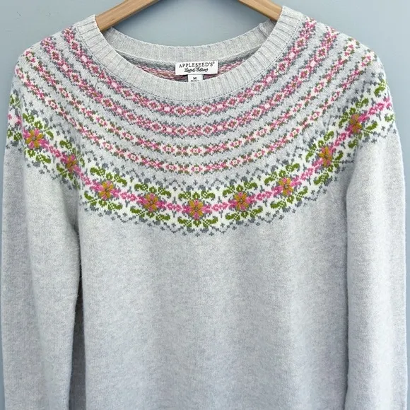 Appleseeds Fair Isle Knit Floral Pattern Sweater Gray Pink Size Medium