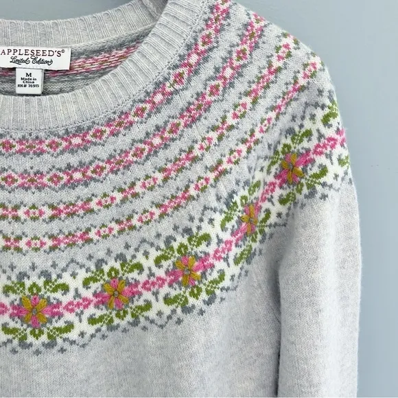 Appleseeds Fair Isle Knit Floral Pattern Sweater Gray Pink Size Medium