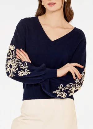 AUTUMN CASHMERE PUFF SLEEVE V W/ CONTRAST EMROIDERY