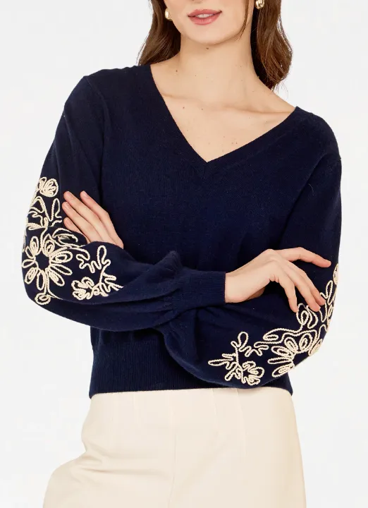 AUTUMN CASHMERE PUFF SLEEVE V W/ CONTRAST EMROIDERY