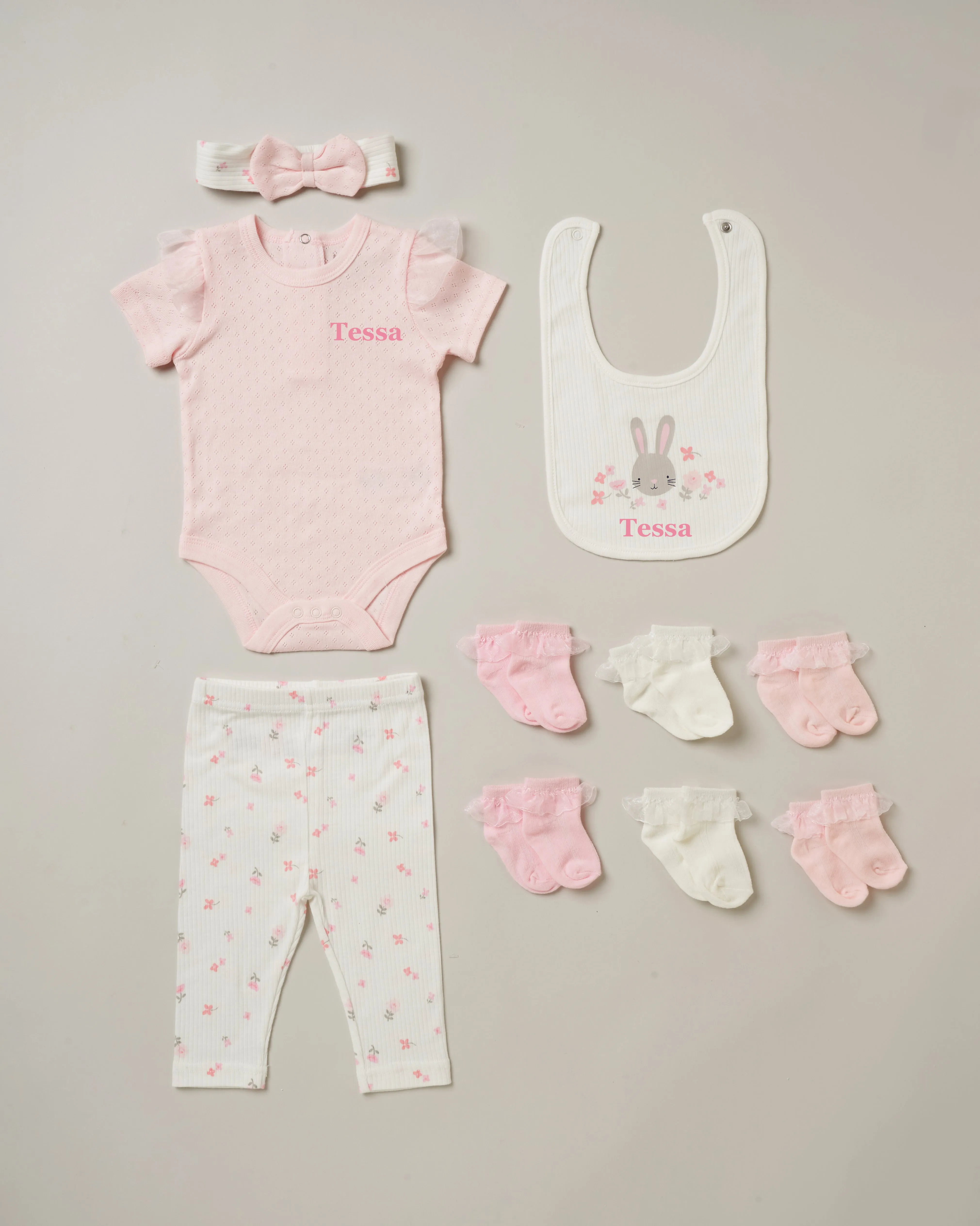 Baby girls personalised bunny/floral 10 piece gift set
