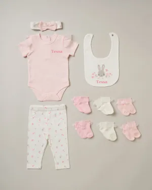 Baby girls personalised bunny/floral 10 piece gift set