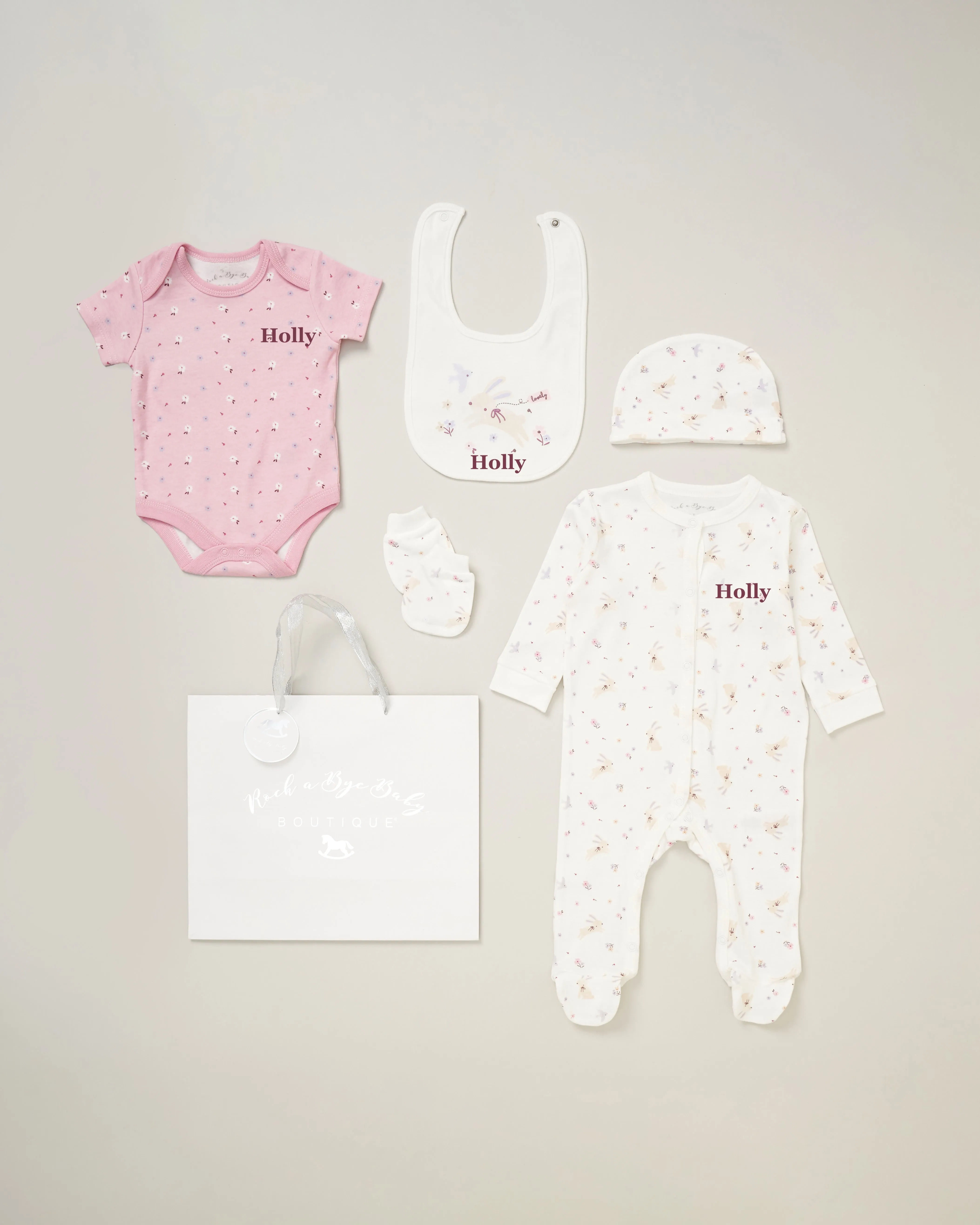 Baby girls personalised lovely bunny 6 piece mesh bag gift set