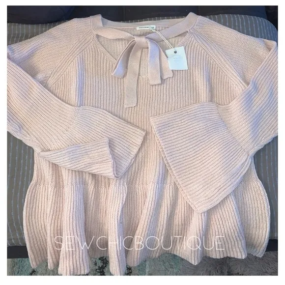 Baby Pink Cozy Bell Sleeve Sweater w/Front Tie