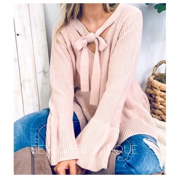 Baby Pink Cozy Bell Sleeve Sweater w/Front Tie
