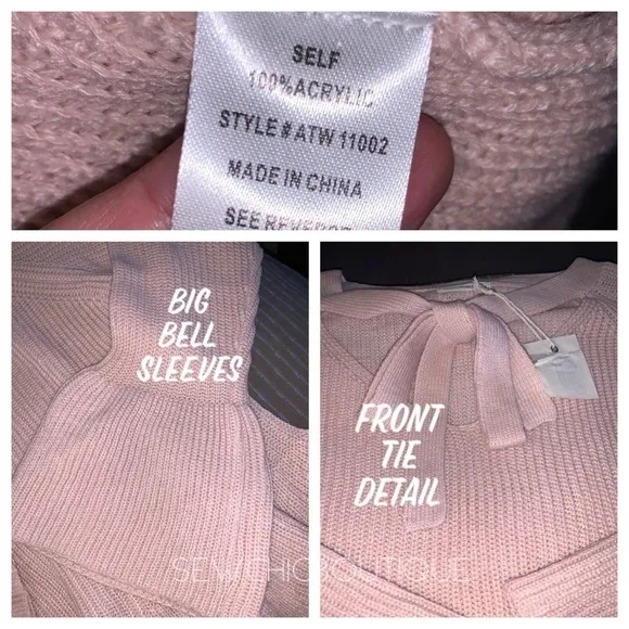 Baby Pink Cozy Bell Sleeve Sweater w/Front Tie