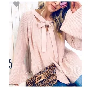 Baby Pink Cozy Bell Sleeve Sweater w/Front Tie