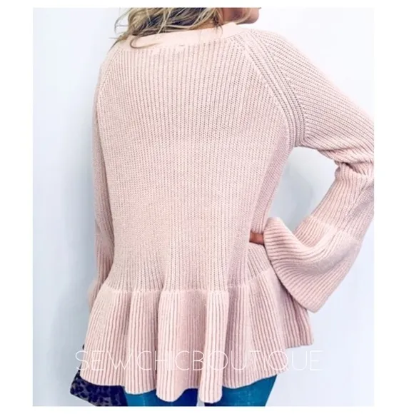 Baby Pink Cozy Bell Sleeve Sweater w/Front Tie